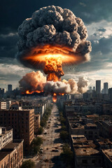 Nuclear fire mushroom cloud at explosion in town's skyline, an apocalyptic war. Nuclear explosion of atomic bomb in Earth. Global apocalyptic conflict concept. Gen ai illustration. Copy ad text space