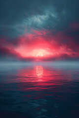 Fototapeta premium Abstract depiction of a sunrise where the sky changes from blood-red to milky-white, symbolizing hope after conflict,