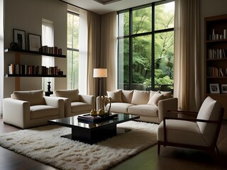 Obraz premium Modern and stylish living room with large windows and elegant furniture, a luxurious interior design ideal for architecture, real estate, and home decor