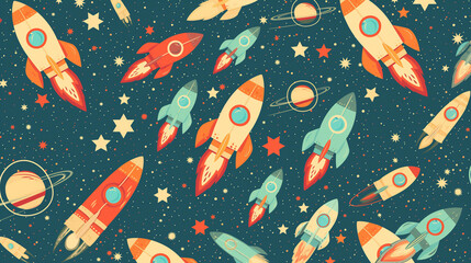 Kids wallpaper with colourful and different rockets. Flat design. 