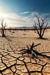 Scenery of dead trees on dry cracked desert earth, skyline panoramic view. Drought, water crisis and world climate change. Global earth ecology problem concept. Gen ai illustration. Copy ad text space
