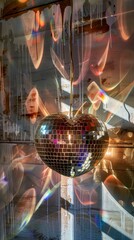 disco ball with heart shape hanging infront of a wall with reflection.Valentines Day