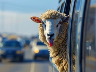 A sheep sticking its tongue out of the window while driving on an highway