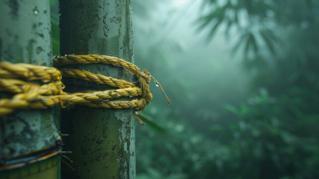 Bamboo trees tied with yellow rope in a misty forest