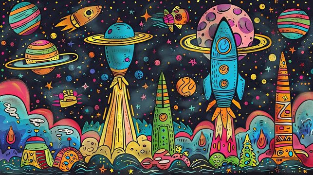 The image is a colorful and abstract depiction of a space scene. Rockets and planets are arranged in a whimsical and psychedelic manner.