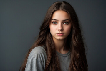 Portrait of lovely jewish teenage girl in black with long hair at grey background, pensive looking at camera. Bored pretty jew teen lady, studio shot. Generation Z concept. Copy ad text space