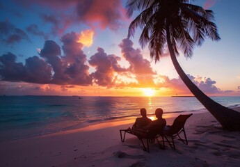 A couple unwinds at a beachfront hotel, enjoying a sunset on a tropical beach during their vacation.