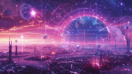 Obraz premium A futuristic cityscape at sunset with digital grids, technological advancements, and a glowing sky reflecting futuristic sci-fi elements.