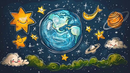 The image shows a cartoon Earth with a smiling face, surrounded by stars, planets, and clouds
