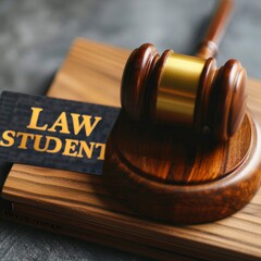 A wooden gavel with an ID card the words LAW STUDENT on it.