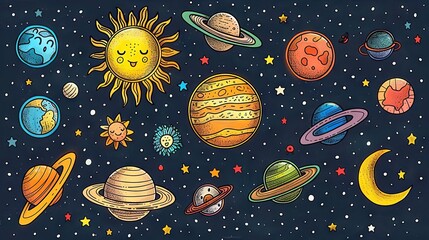 The image shows a cartoon representation of the solar system, with the sun, planets, and stars