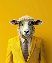 yellow suit with tie and sunglasses on sheep head