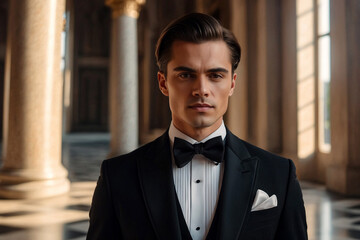 Portrait of handsome young man in tuxedo and bow tie posing outside, serious looking at camera. Confident stylish guy businessman in tux, fashionable festive image James Bond style. Copy ad text space
