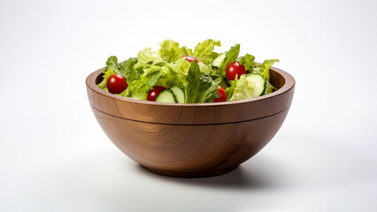 In a studio with a crisp white backdrop, a wooden bowl displays a lively assortment of vegetables, featuring tomatoes, cucumbers, lettuce, onions, olives, and bell peppers, in a fresh salad.