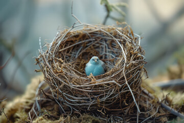 Depiction of a nest with a combination of straight and curved lines, symbolizing the blend of natural and man-made elements,