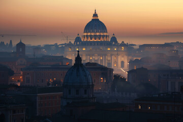Fototapeta premium The dome of St. Peter's Basilica emerges gradually on the horizon, bathed in a soft morning glow. The Vatican City takes on a tranquil atmosphere
