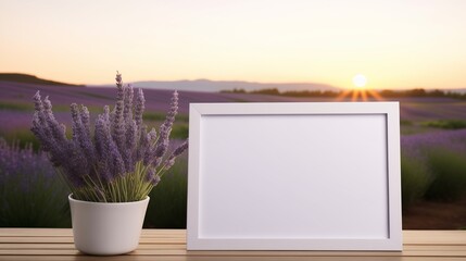 A white empty blank frame mockup propped up on a vintage wooden table, capturing a serene view of a...