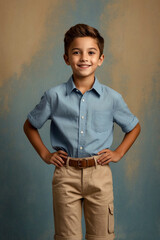 Winner school boy 10 year old in blue shirt arms raised at beige background, looking at camera. Guy model showing win emotions, it's all right. Children emotions, education concept. Copy ad text space
