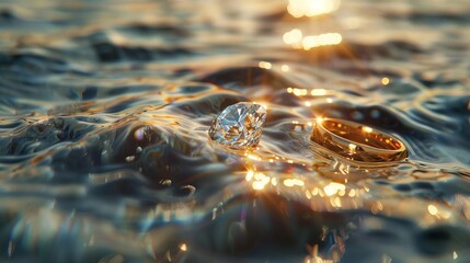 Two wedding rings lie in the water.
