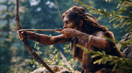 Female Neanderthal hunting with a bow and arrow in a forest.