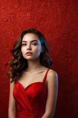 Portrait teen girl wear stylish red dress with trendy hairstyle at red background wall, dreaming looking up. Young beautiful brunette lady showing emotion. Fashion style concept. Copy text space