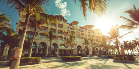 Front image of a big hotel. wide angle. sunny luxury hotel with a beach. wallpaper