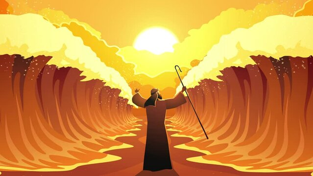 Moses parting the Red Sea. Perfect for religious content, educational materials, and historical documentaries, this animation brings to life one of the most iconic stories from the Bible