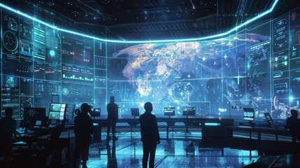 Several individuals are observing data on multiple screens in a high-tech command center. A large world map is displayed, with holographic interfaces surrounding it.