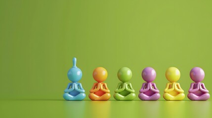A group of colorful 3D cartoon characters practicing yoga together