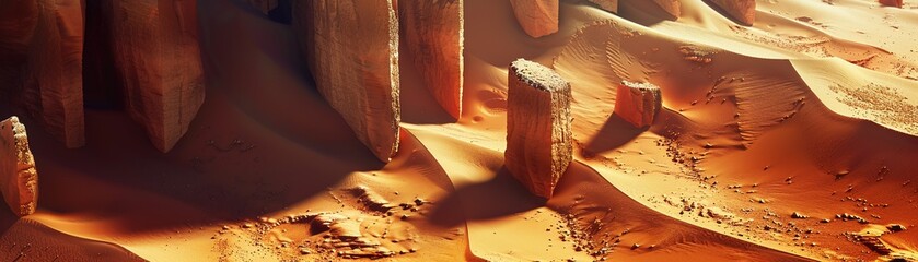 Abstract monolithic structures in a desert, intricate carvings, warm desert tones, long shadows, blending ancient and futuristic aesthetics, surreal and otherworldly, highly detailed.Close-up