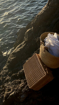 Wicker Baskets On Rock
