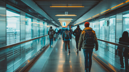 Naklejka premium Airport Boarding Bridge, people around, cinematic shot