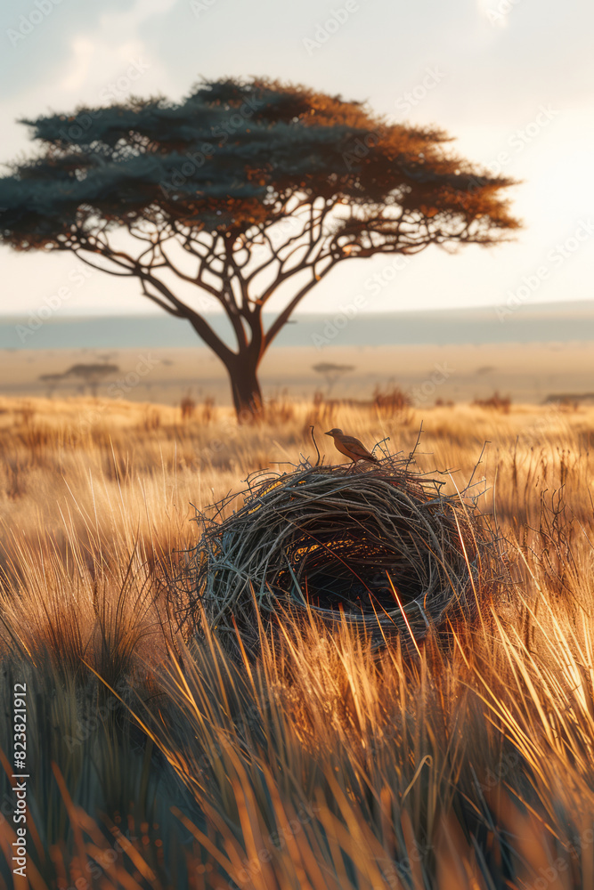 Aufkleber artistic rendering of a nest within a savanna, with tall grasses and distant acacia trees forming a 