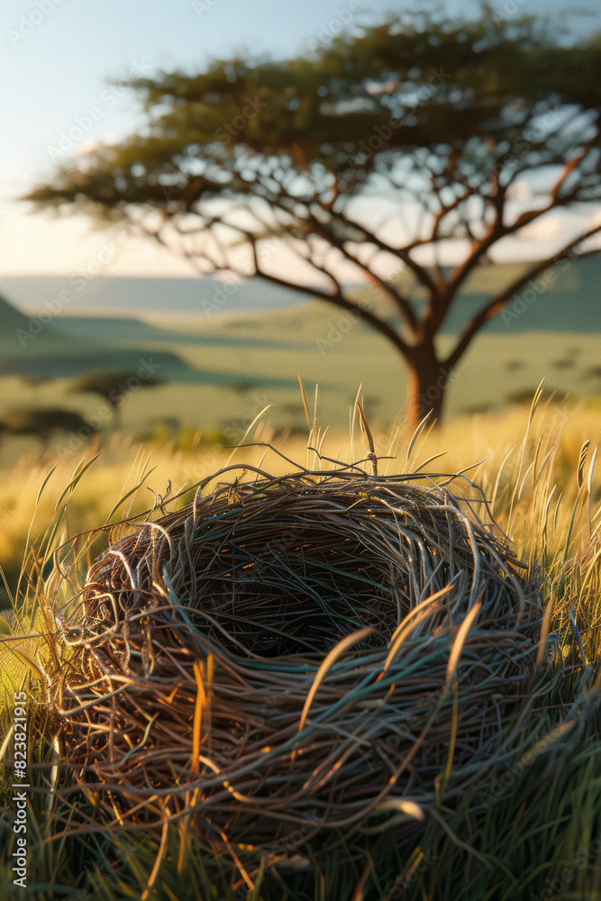 Aufkleber Artistic rendering of a nest within a savanna, with tall grasses and distant acacia trees forming a harmonious landscape,