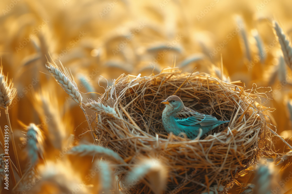 Aufkleber illustration of a bird's nest amidst a field of wheat, with lines and textures representing the cycl