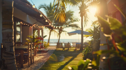 Naklejka premium A Brazilian beach house with a party further back on a beautiful hot summer day. Bright, warm sunlight , relaxed atmosphere.