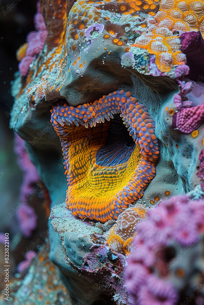 Aufkleber Abstract image of a bird's nest forming part of a coral reef, with intricate patterns and bright colors symbolizing marine biodiversity.