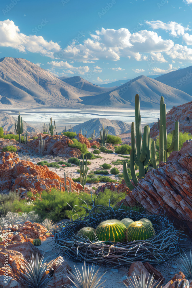 Aufkleber artistic rendering of a bird's nest in a desert landscape, with sand dunes and cacti creating a star