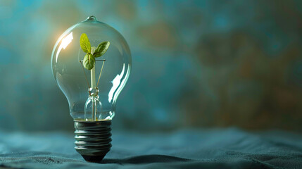 A modern, energy-efficient lightbulb with a small sprout inside, representing the growth of renewable energy
