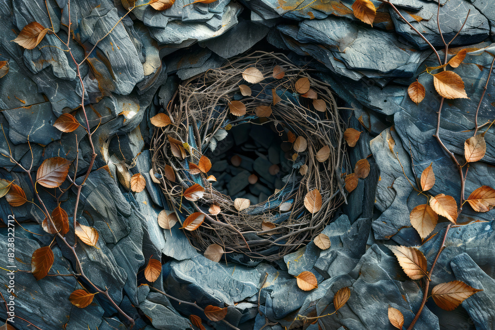 Poster Artistic rendering of branches and leaves being arranged into intricate geometric patterns that form the foundation of a nest,