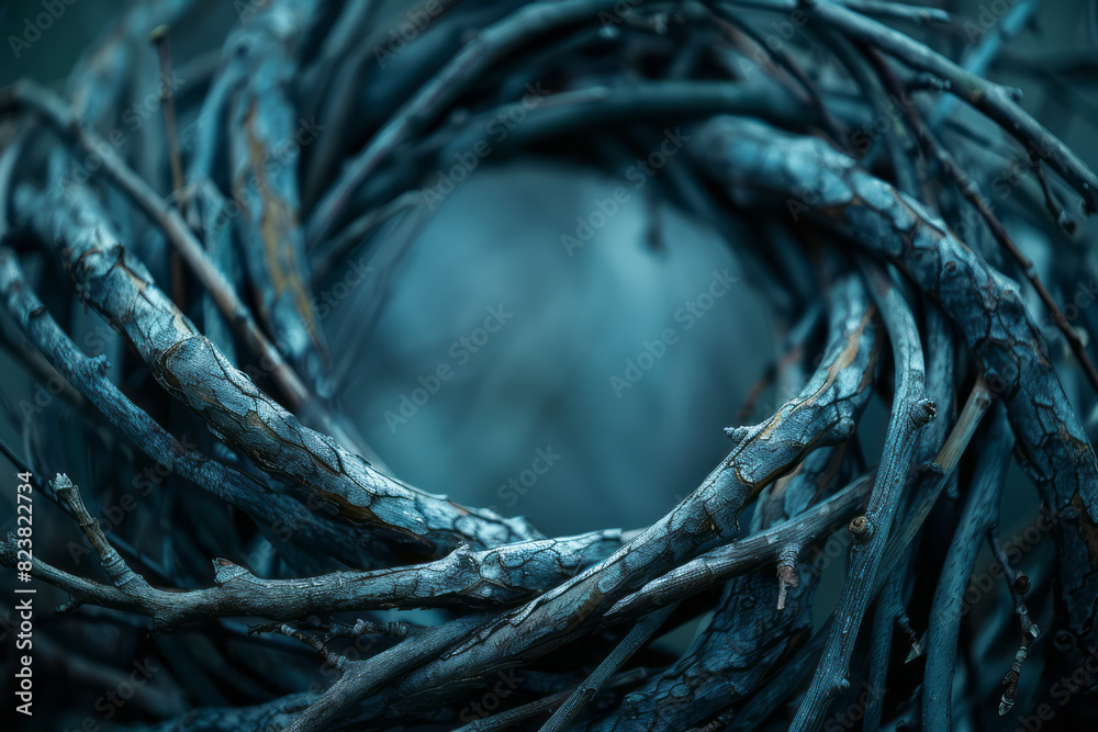 Aufkleber Abstract image of twigs being bent and twisted into the curved walls of a nest, showing the transformation from chaos to order,