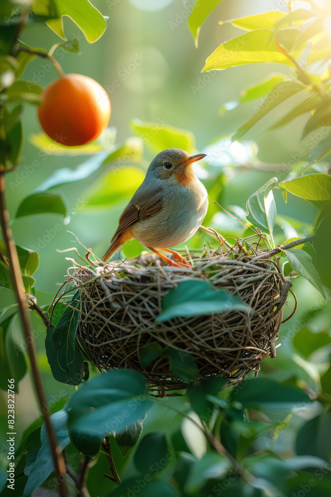 Aufkleber Depiction of a bird using its beak to weave leaves into the nest, creating a smooth, protective layer,