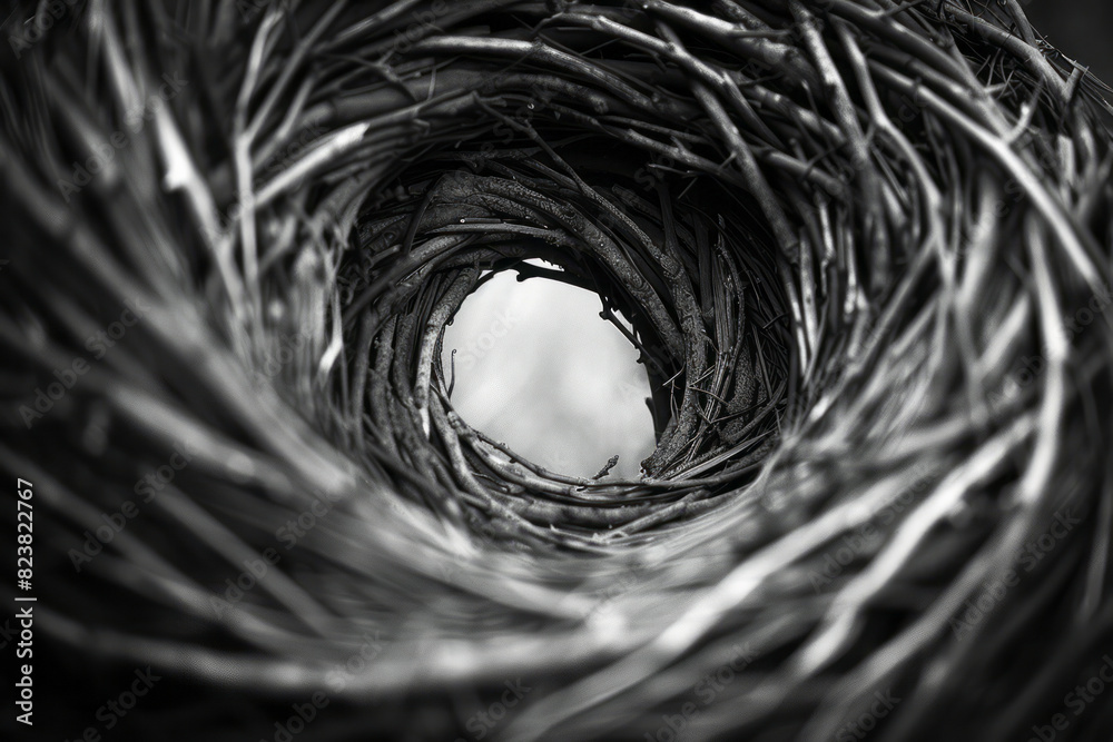 Aufkleber Abstract image of twigs being bent and twisted into the curved walls of a nest, showing the transformation from chaos to order,