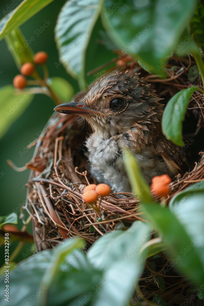 Aufkleber Depiction of a bird using its beak to weave leaves into the nest, creating a smooth, protective layer,