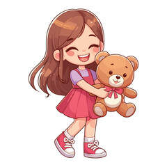 Naklejka premium A Happy cartoon girl holding a teddy bear vector