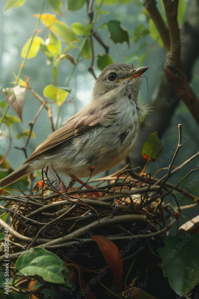 Aufkleber Illustration of a bird assembling a nest by layering leaves and twigs in a precise, overlapping pattern,
