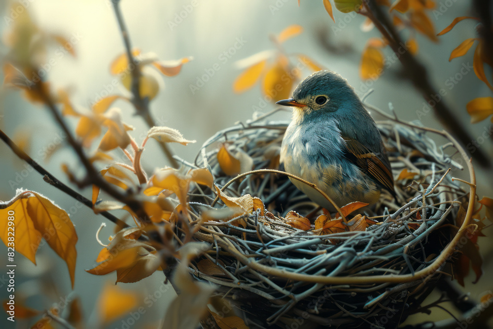 Aufkleber Illustration of a bird selecting and placing each twig and leaf with precision, creating a complex and sturdy nest,