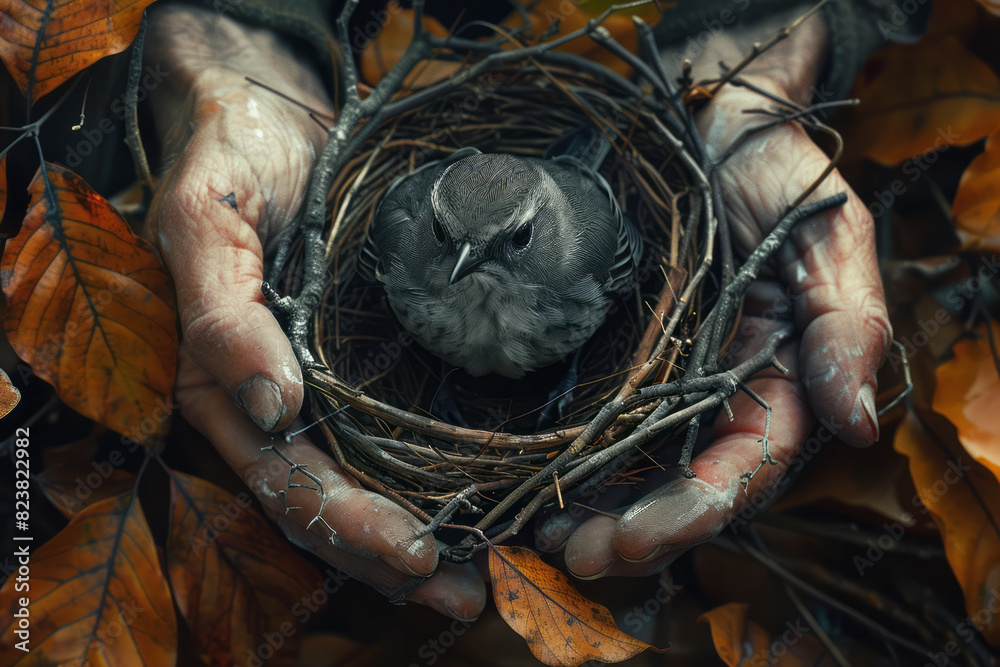 Aufkleber Illustration of a bird selecting and placing each twig and leaf with precision, creating a complex and sturdy nest,