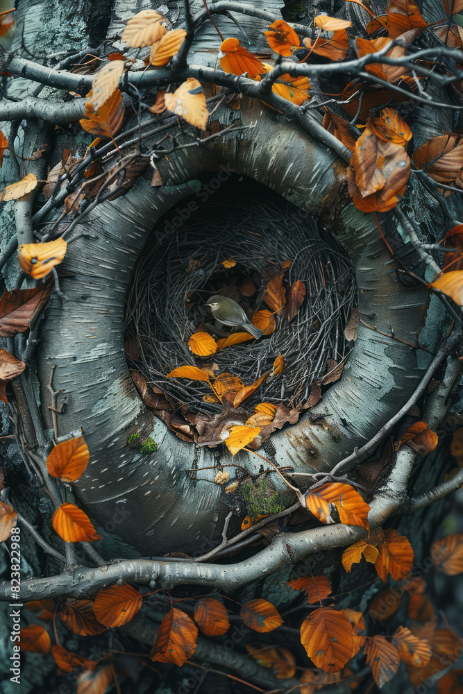 Aufkleber Artistic rendering of a nest being built from the ground up, with layers of twigs and leaves adding to its complexity,