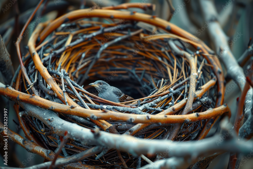 Aufkleber Abstract image of a bird shaping a nest by weaving twigs into elaborate patterns, demonstrating the artistry of nest building,